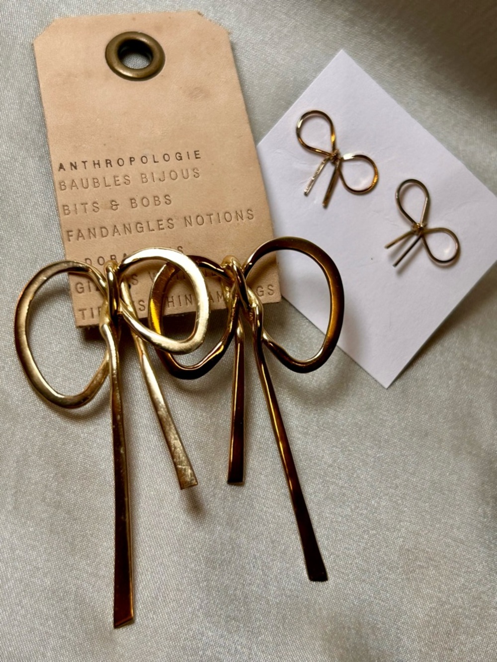 Anthropologie Gold Bow Drop Earrings